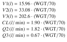 
$$ \begin{array}{l}V1(l)=15.96\cdot \left(\mathrm{W}\mathrm{G}\mathrm{T}/70\right)\\ {}V2(l)=33.08\cdot \left(\mathrm{W}\mathrm{G}\mathrm{T}/70\right)\\ {}V3(l)=202.6\cdot \left(\mathrm{W}\mathrm{G}\mathrm{T}/70\right)\\ {}CL\left(l/ \min \right)=1.90\cdot \left(\mathrm{W}\mathrm{G}\mathrm{T}/70\right)\\ {}Q2\left(l/ \min \right)=1.82\cdot \left(\mathrm{W}\mathrm{G}\mathrm{T}/70\right)\\ {}Q3\left(l/ \min \right)=0.67\cdot \left(\mathrm{W}\mathrm{G}\mathrm{T}/70\right)\end{array} $$
