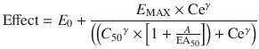 
$$ \mathrm{Effect}={E}_0+\frac{E_{\mathrm{MAX}}\times {\mathrm{Ce}}^{\gamma}}{\left(\left({C_{50}}^{\gamma}\times \left[1+\frac{A}{{\mathrm{EA}}_{50}}\right]\right)+{\mathrm{Ce}}^{\gamma}\right)} $$
