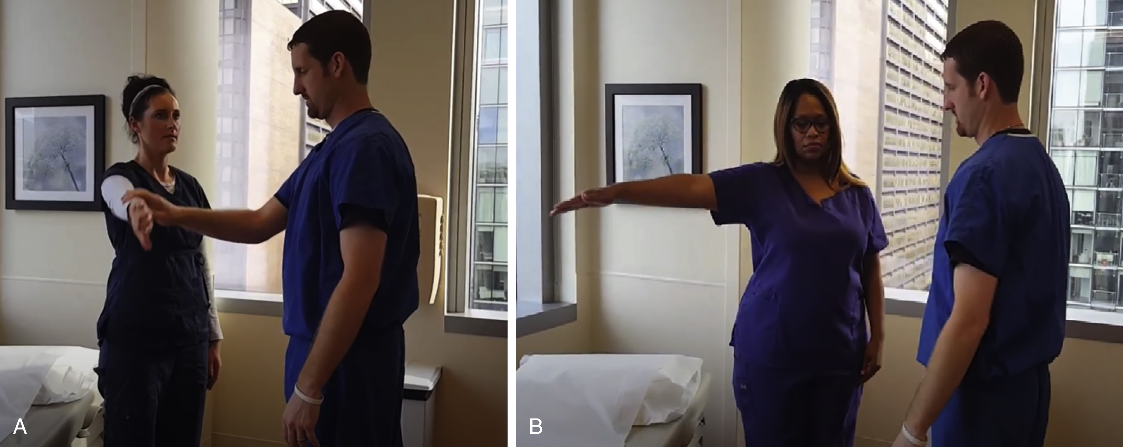 A set of two photograph shows rotator cuff tests: A empty can test with arm raised and rotated inward under downward pressure, B drop arm test with abducted arm assessing ability to hold position. A set of two photograph shows clinical tests for rotator cuff tendinopathy or tear. In A, a clinician performs the empty can test with the patient’s arm elevated forward at an angle and internally rotated as if emptying a can, while the examiner applies downward pressure. In B, a clinician performs the drop arm test with the patient’s arm abducted to the side at shoulder level and extended straight, assessing for the ability to maintain the arm position.