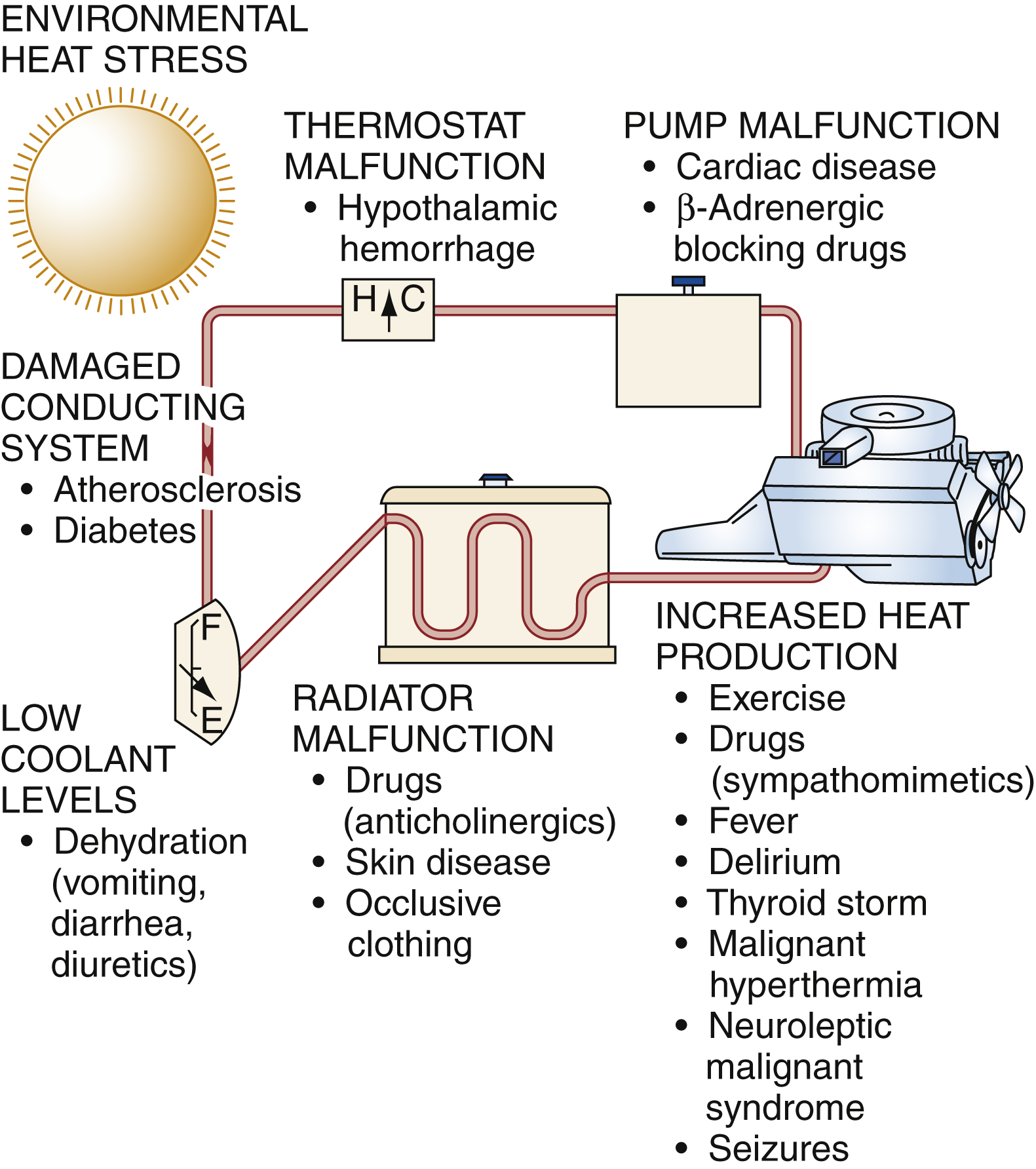 The diagram shows automotive analogy of heat illness: environmental heat stress, thermostat malfunction, pump and radiator issues, and increased heat production from illness, drugs, or exercise. The diagram shows automotive analogy to illustrate predisposing factors for heat illness. Environmental heat stress is represented by the sun. Thermostat malfunction includes hypothalamic hemorrhage. Pump malfunction includes cardiac disease and beta adrenergic blocking drugs. Damaged conducting system lists atherosclerosis and diabetes. Low coolant levels include dehydration from vomiting, diarrhea, and diuretics.Radiator malfunction lists drugs such as anticholinergics, skin diseases, and occlusive clothing. Increased heat production includes exercise, sympathomimetic drugs, fever, delirium, thyroid storm, malignant hyperthermia, neuroleptic malignant syndrome, and seizures. These components are connected with red tubing, symbolizing how body systems resemble automotive cooling mechanisms.