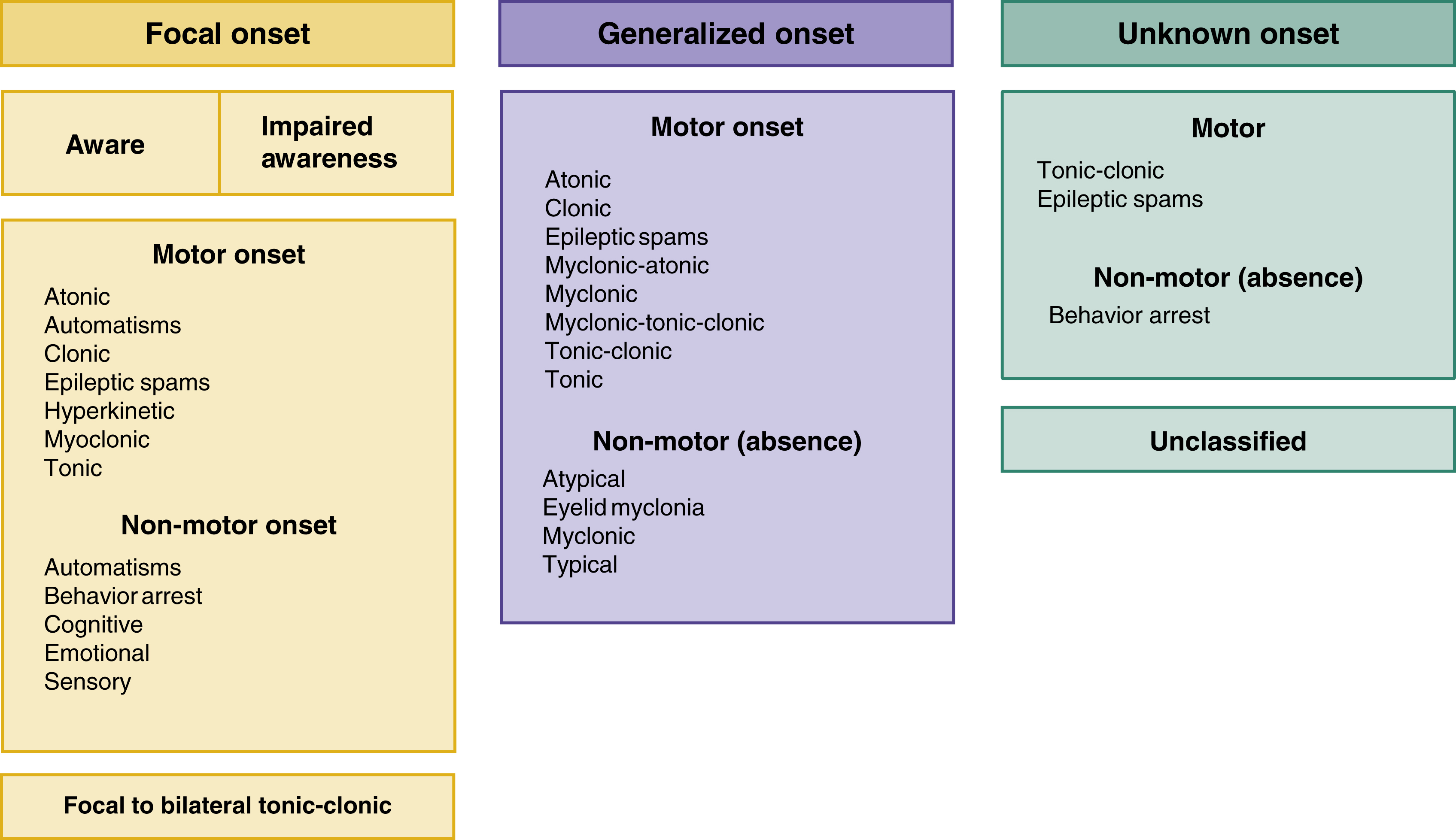 The framework shows classifies seizures into focal, generalized, and unknown onset, detailing motor and non-motor types by awareness, symptoms, and features, with an unclassified category. The framework shows a classification of three main categories- Focal onset, Generalized onset, and Unknown onset. Focal onset seizures are further classified based on awareness as either aware or impaired awareness, and by type as motor onset or non-motor onset. Focal motor onset shows atonic, automatisms, clonic, epileptic spasms, hyperkinetic, myoclonic, and tonic, while non-motor onset shows automatisms, behavior arrest, cognitive, emotional, and sensory. Generalized onset seizures are divided into motor onset and non-motor (absence). Motor onset includes atonic, clonic, epileptic spasms, myoclonic-atonic, myoclonic, myoclonic-tonic-clonic, tonic-clonic, and tonic. Non-motor absence seizures include atypical, eyelid myoclonia, myoclonic, and typical. Unknown onset seizures are divided into motor, which shows tonic-clonic and epileptic spasms, and non-motor (absence), which shows behavior arrest, with an additional category labeled unclassified.