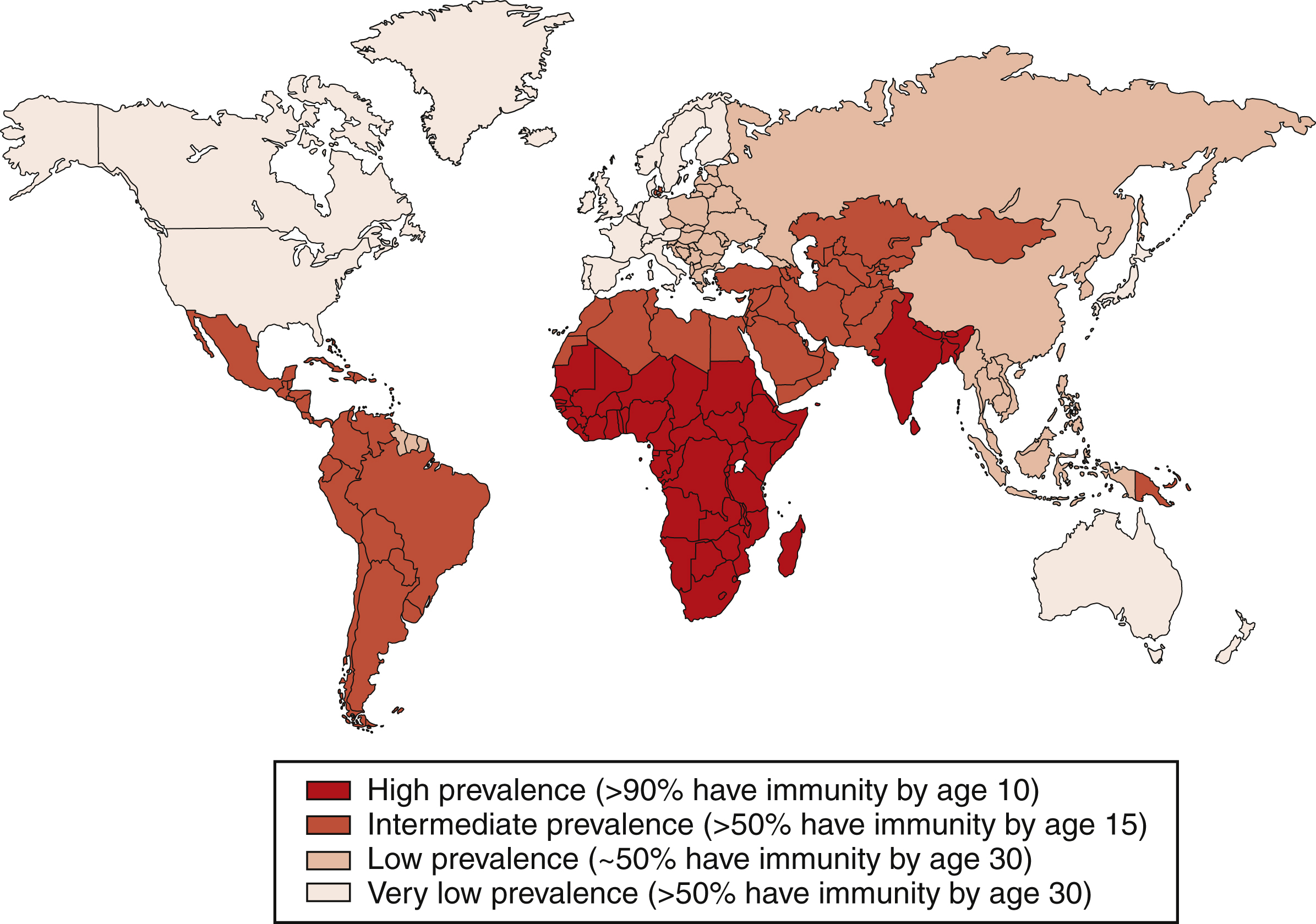 The map shows dark red high prevalence where more than 90 percent immune by age 10, red intermediate more than 50 percent by age 15, light brown low less than 50 percent, beige very low. The map shows the global distribution of hepatitis A prevalence. Regions are color-coded: dark red showss “High prevalence (more than 90% have immunity by age 10),” red shows “Intermediate prevalence (more than 50% have immunity by age 15),” light brown showss “Low prevalence (less than 50% have immunity by age 30),” and light beige shows “Very low prevalence (less than 50% have immunity by age 30).” High-prevalence regions include most of Africa, parts of Asia, and parts of South America, while very low prevalence is seen in North America, Western Europe, and Australia.