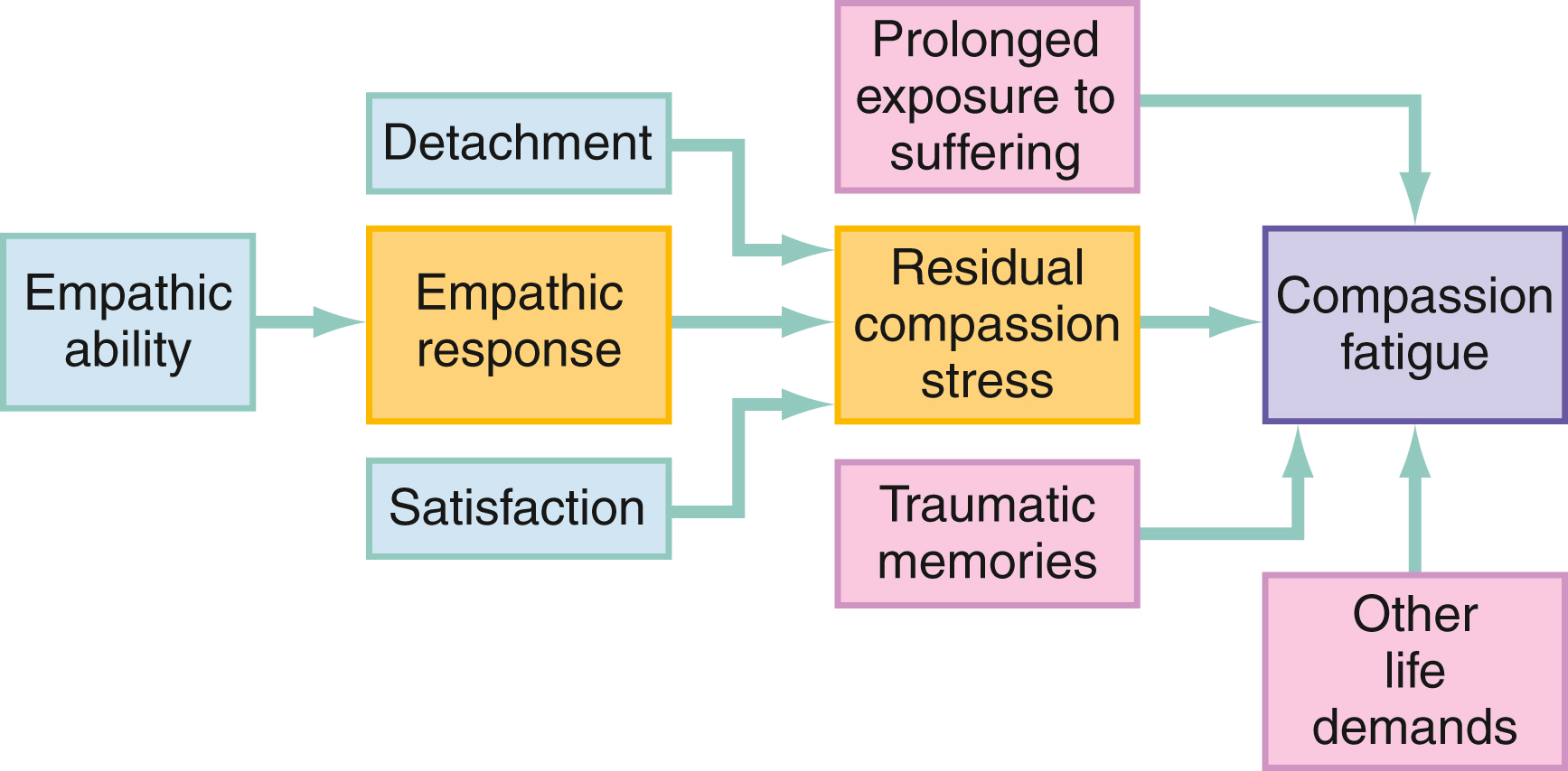 The diagram shows model of compassion fatigue shows empathic ability lead to empathic response, residual compassion stress, and compassion fatigue influenced by suffering, trauma, and life demands. The diagram shows model of compassion fatigue begins with empathic ability leading to empathic response, which is influenced by detachment and satisfaction. Empathic response leads to residual compassion stress, affected by prolonged exposure to suffering and traumatic memories. Residual compassion stress leads to compassion fatigue, which is also influenced by other life demands.